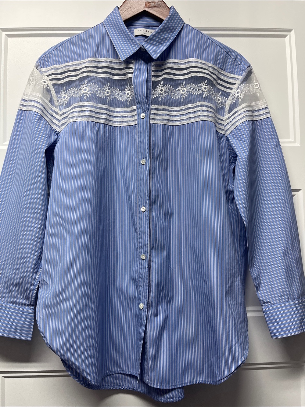 Sandro Blue and White Striped Lace shirt